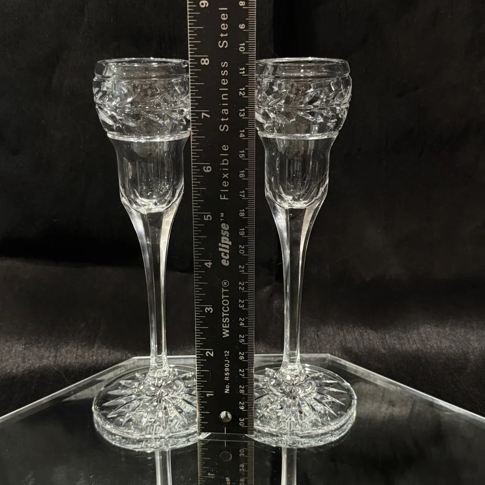 Ralph Lauren Claremont Crystal Candlestick Holders Etched Laurel Band Retired